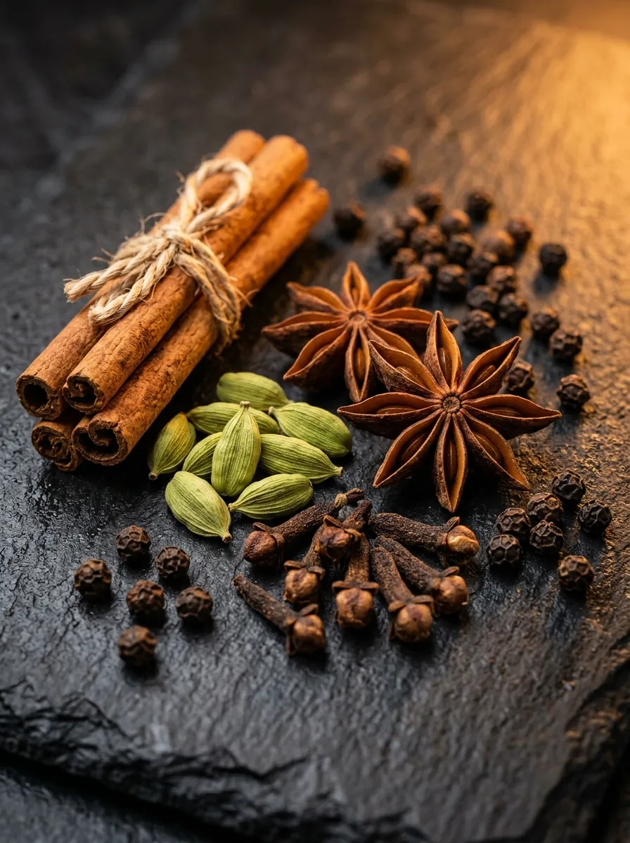 Aromatic whole spices — cardamom, cinnamon, star anise, black pepper